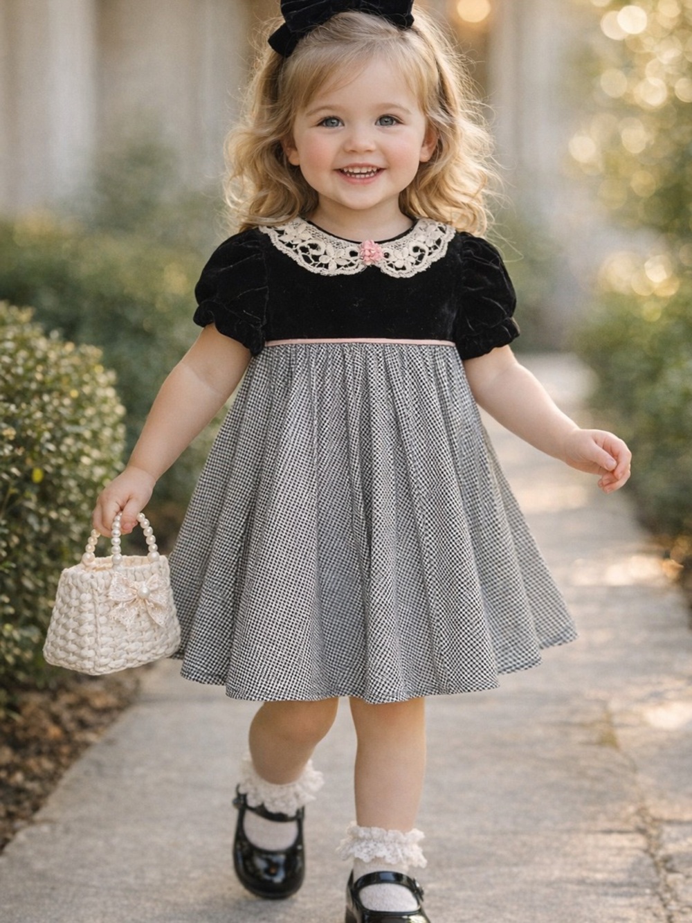 3T Rose Cottage Black Velvet Bodice Dress Houndstooth‎ Lace Collar